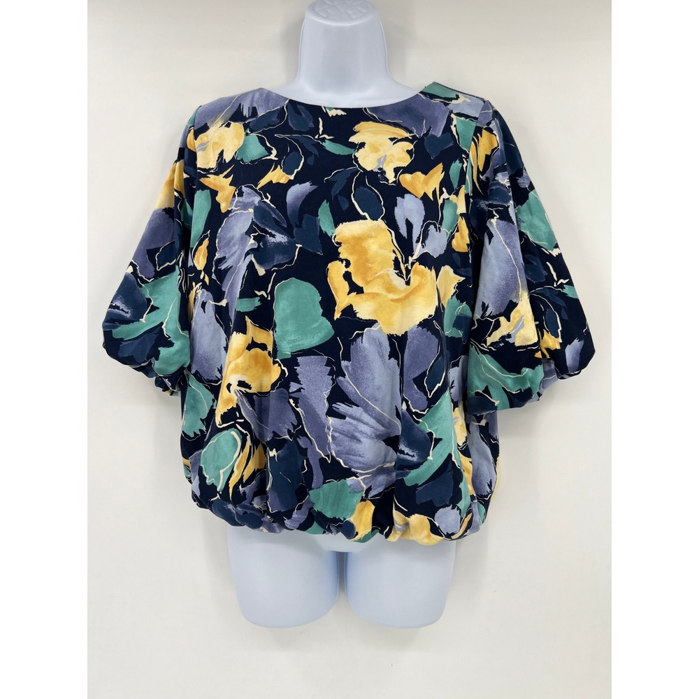 Chico's Painterly Abstract Floral Lined Bubble Hem Top Navy Gold Size 2 / L